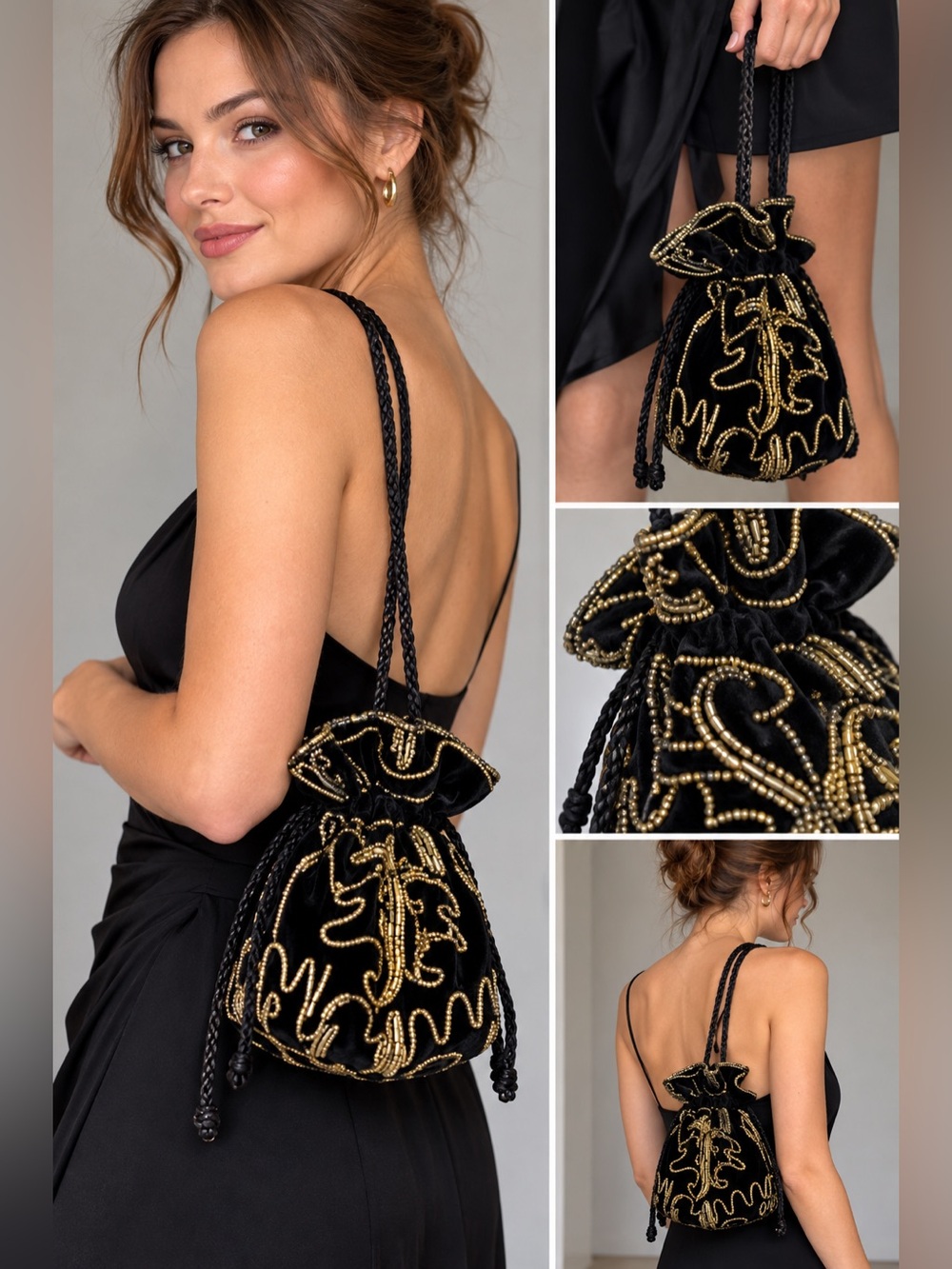 Vintage Delill Black Velvet Gold Beaded Drawstring Evening Bag Y2K Cache